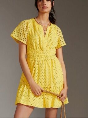 Anthropologie Somerset Yellow Eyelet V-Neck Mini Dress 2XL